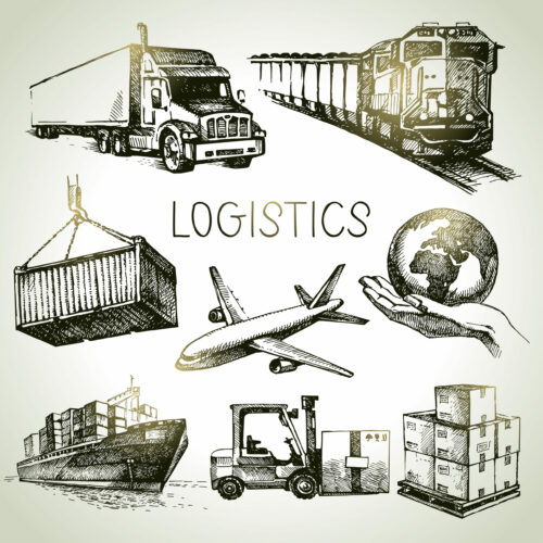 Hand drawn logistics and delivery sketch icons set. Vector illustration